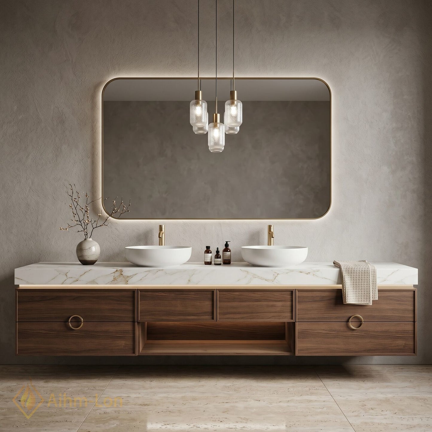 60''-96'' Double Bathroom Vanity with Sink Modern Units Natural Marble Top Integrated