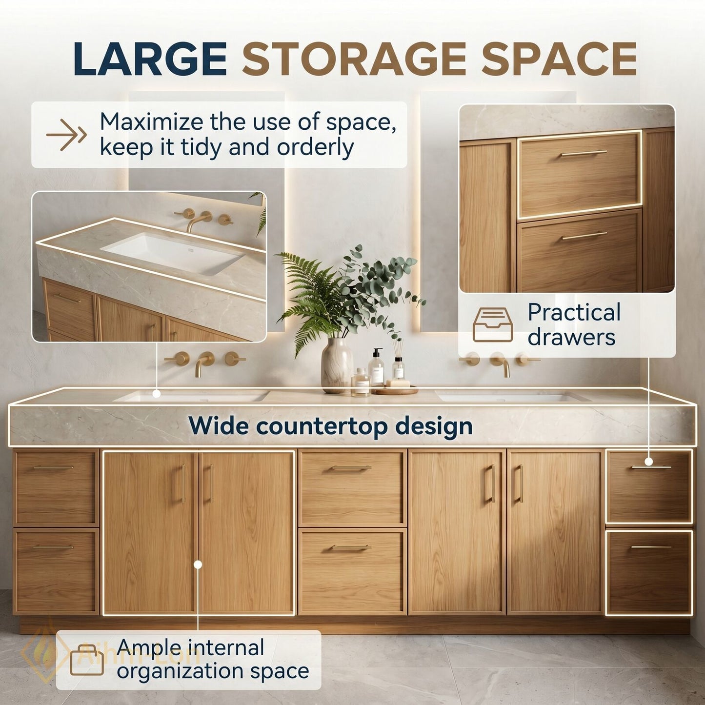 72''-96'' Double Bathroom Vanity with Sink Floating Drawers Wood Grain Finish Marble