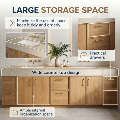 72''-96'' Double Bathroom Vanity with Sink Floating Drawers Wood Grain Finish Marble