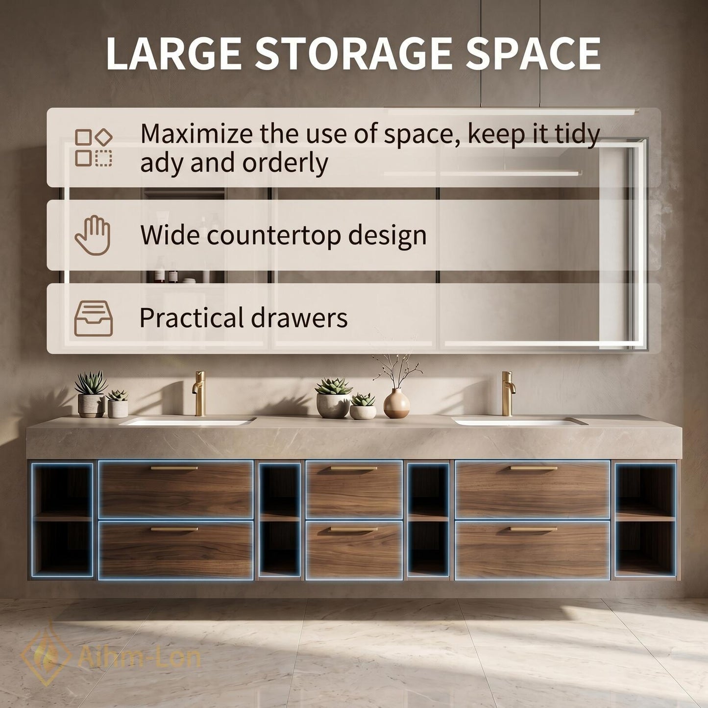 72''-96'' Double Bathroom Vanity with Sink Modern Floating Open Shelving Spacious