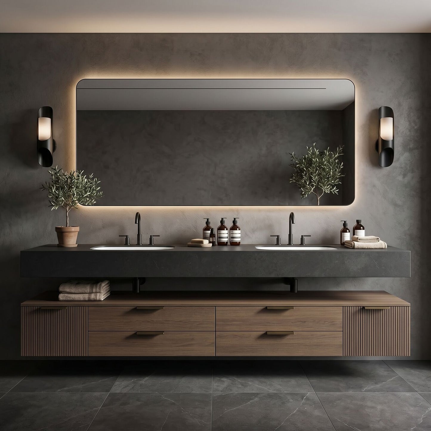 70''-96'' Double Bathroom Vanity with Sink Floating Stone Slab Warm Wood Grain Base