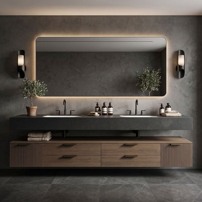 70''-96'' Double Bathroom Vanity with Sink Floating Stone Slab Warm Wood Grain Base
