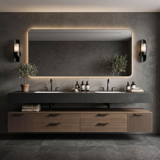 70''-96'' Double Bathroom Vanity with Sink Floating Stone Slab Warm Wood Grain Base