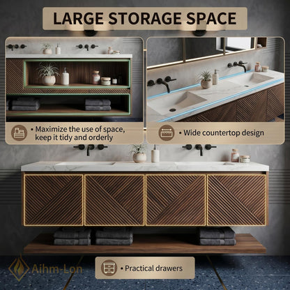 70''-96'' Modern Floating Bathroom Vanity with Sink Slatted Geometric Panels Marble Top