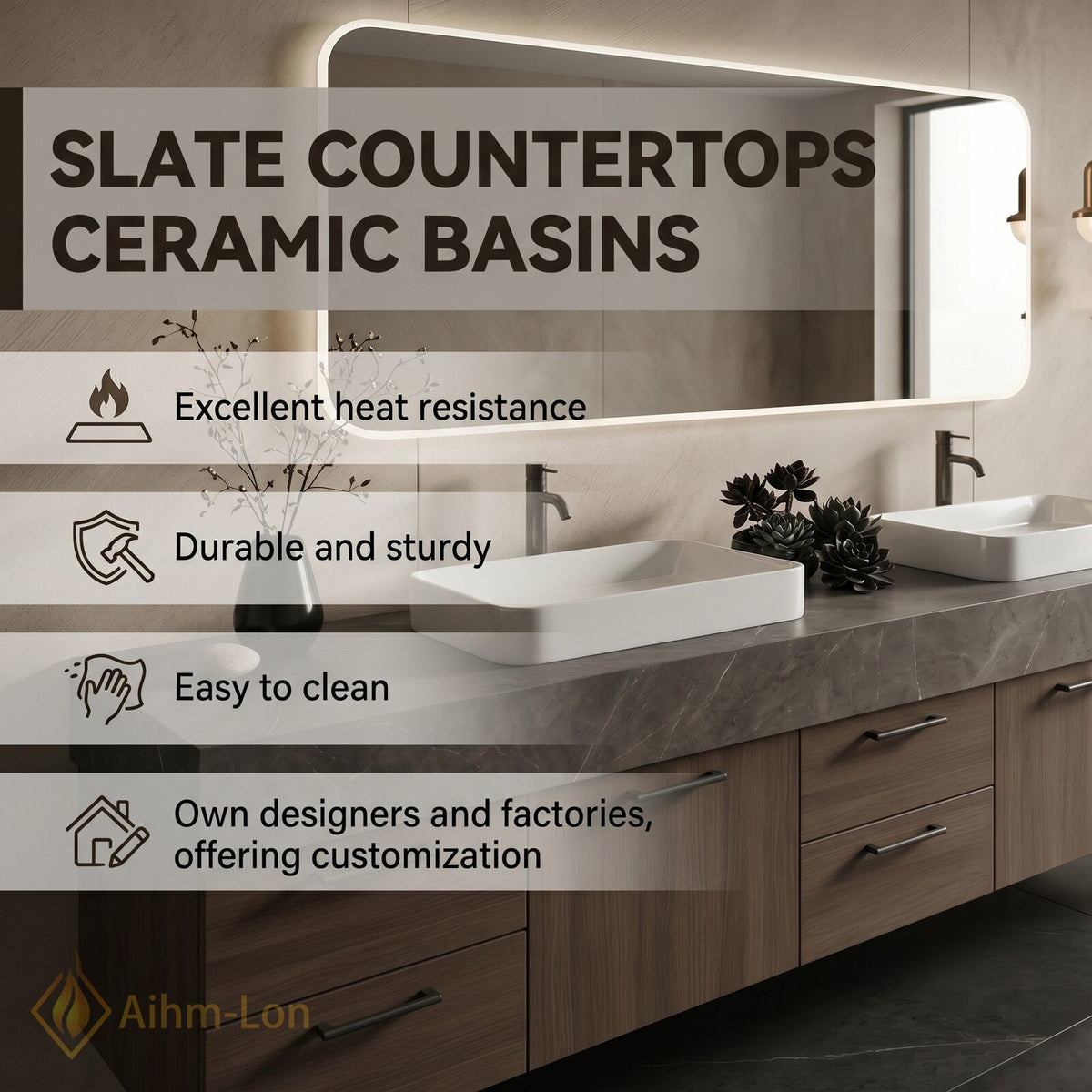 76''-96'' Double Bathroom Vanity with Sink Dark Grey Marble Top Drawer Storage