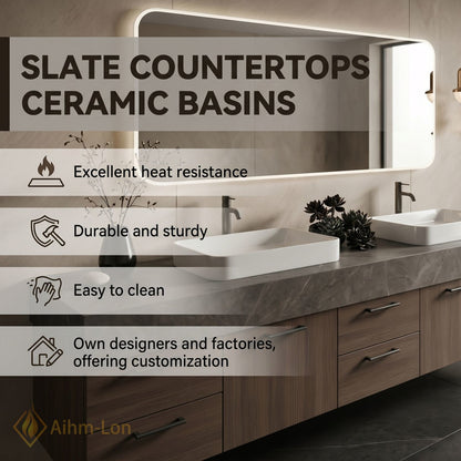 76''-96'' Double Bathroom Vanity with Sink Dark Grey Marble Top Drawer Storage