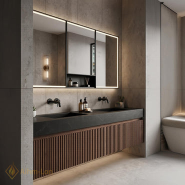 60''-96'' Double Bathroom Vanity with Sink Warm-Walnut Modern Floating Open Shelving