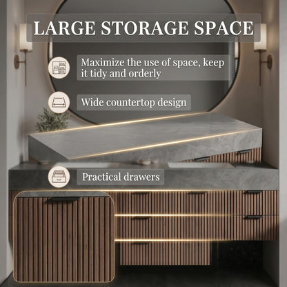 70''-96'' Modern Bathroom Vanity with Sink Double Sink Grey Marble Slatted Wood Cabinet