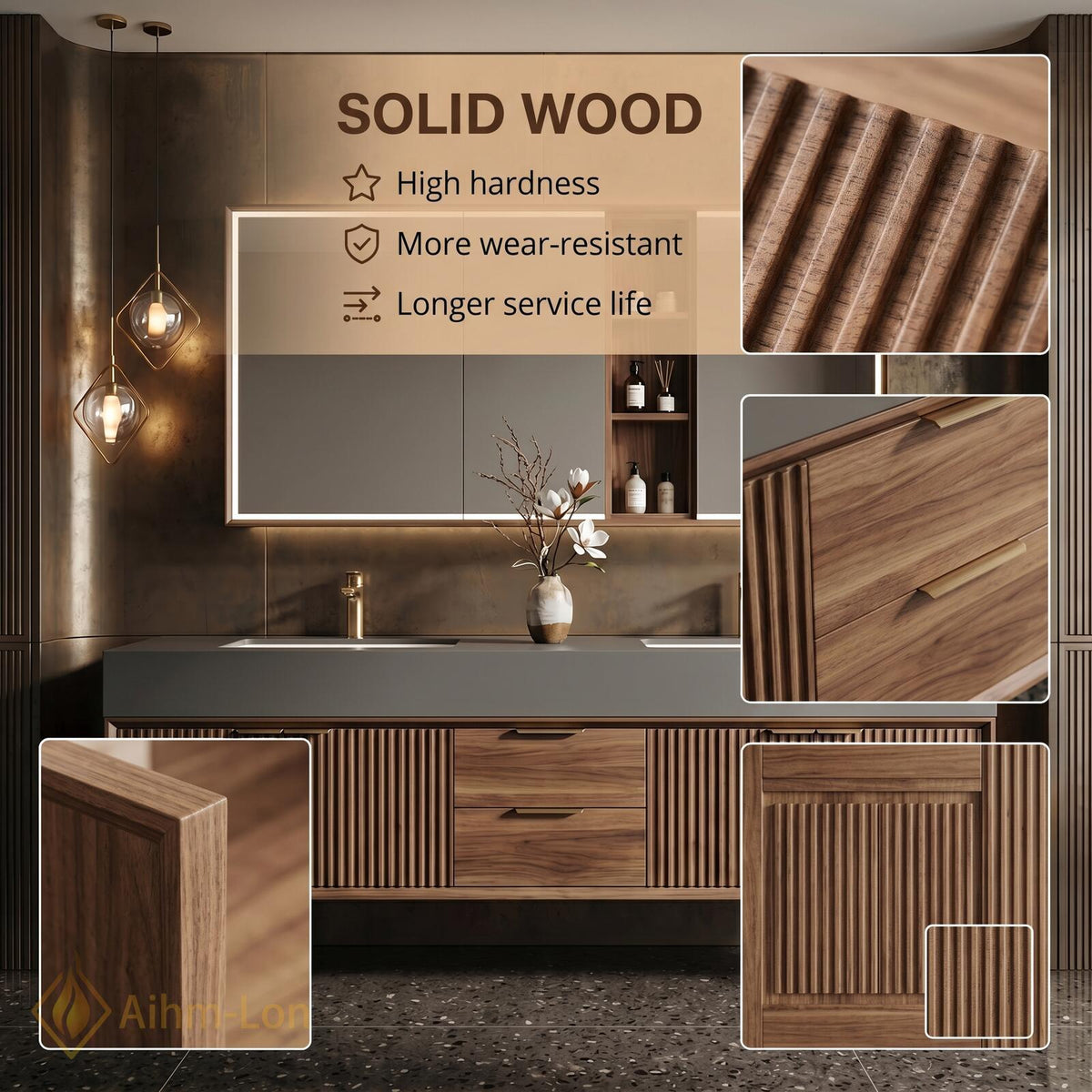 60''-96'' Double Bathroom Vanity with Sink Grey Stone Top Slatted Wood Finish