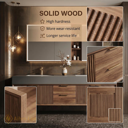 60''-96'' Double Bathroom Vanity with Sink Grey Stone Top Slatted Wood Finish