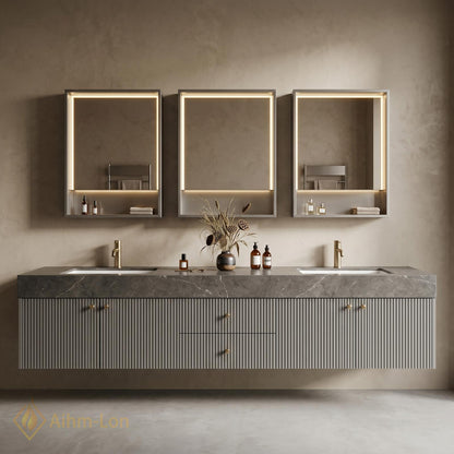60''-96'' Double Bathroom Vanity with Sink Modern Grey Stone Top Ribbed Panels