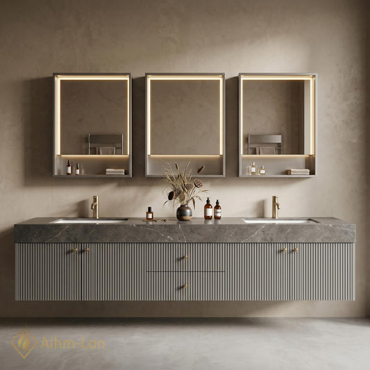 60''-96'' Double Bathroom Vanity with Sink Modern Grey Stone Top Ribbed Panels
