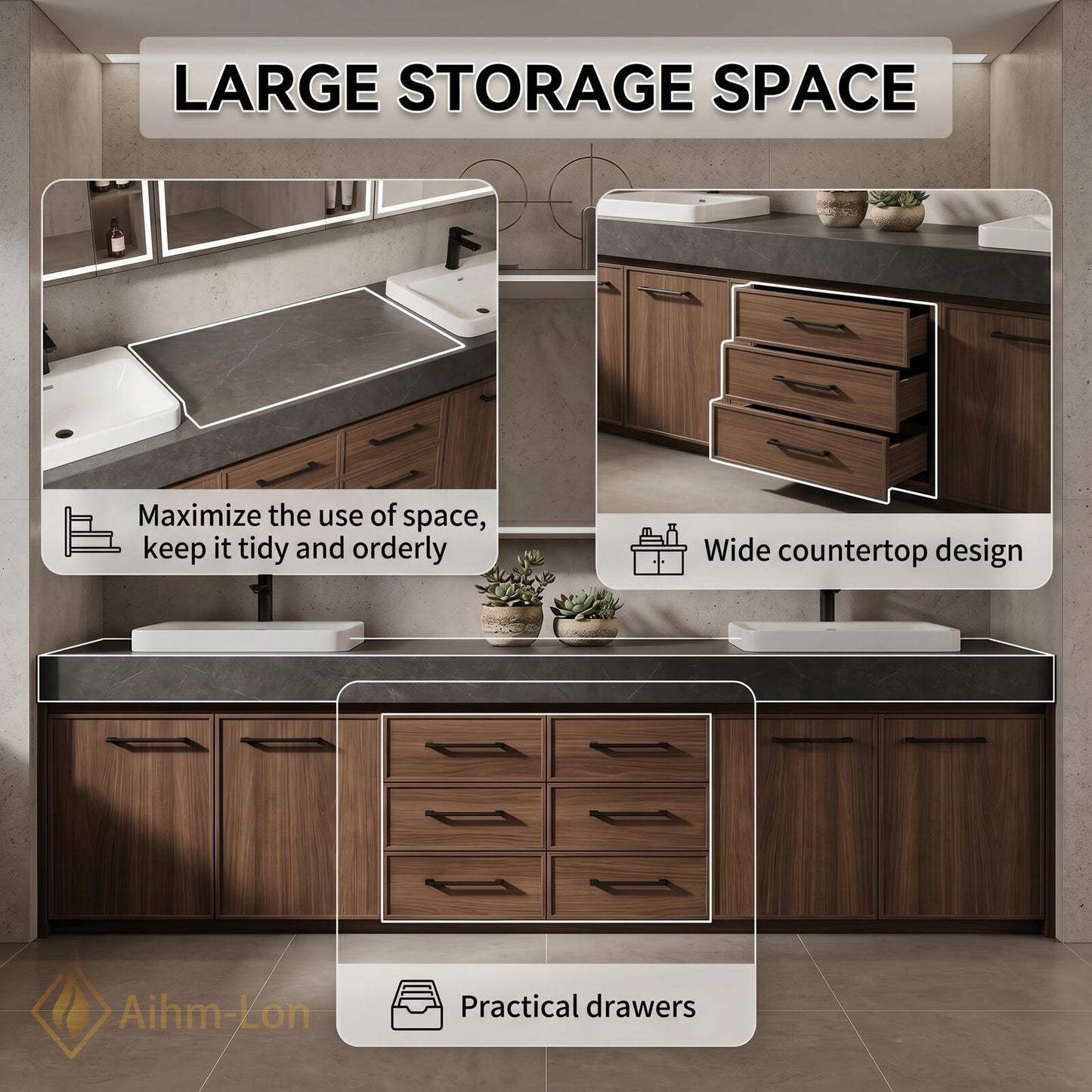 78''-96'' Double Bathroom Vanity with Sink Dark Stone Slab Walnut Finish Drawers