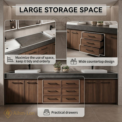78''-96'' Double Bathroom Vanity with Sink Dark Stone Slab Walnut Finish Drawers