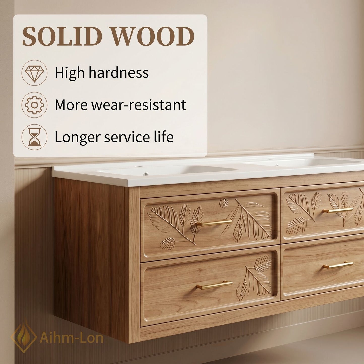 60''-96'' Modern Bathroom Vanity with Sink Floating Embossed Leaf White LED Backlit Mirror