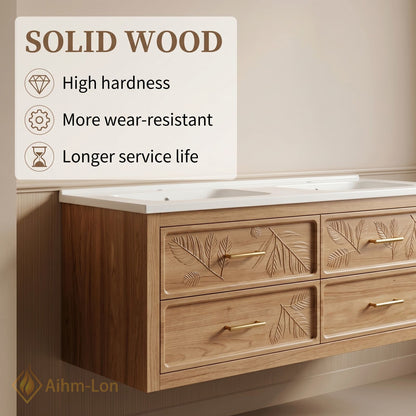 60''-96'' Modern Bathroom Vanity with Sink Floating Embossed Leaf White LED Backlit Mirror