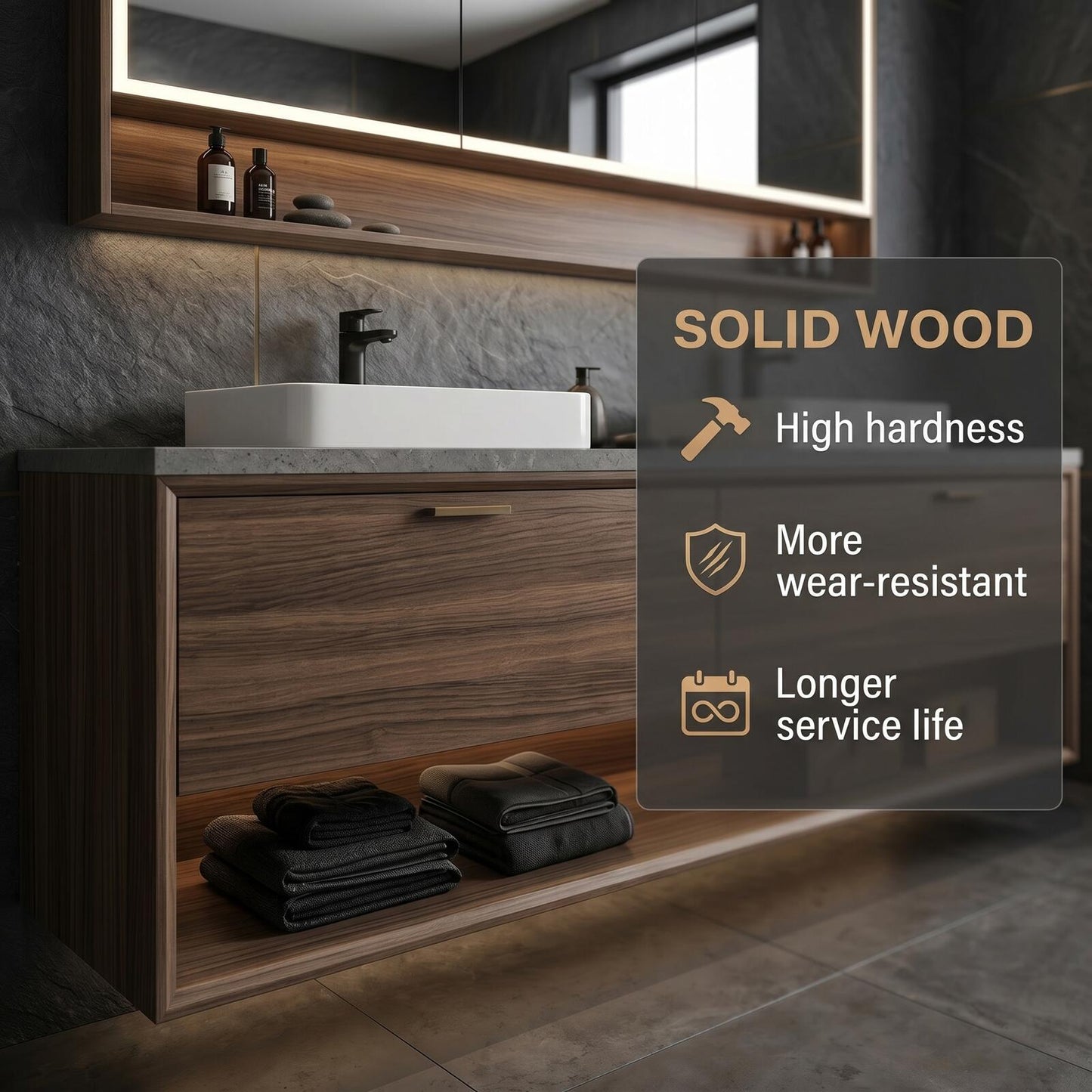 60''-96'' Modern Bathroom Vanity with Sink Double Sink Dark Walnut Open Shelf Storage Cabinet