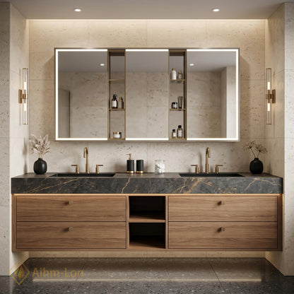 60''-96'' Double Bathroom Vanity with Sink Dark Modern Floating Stone-Top Drawers