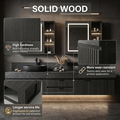 60''-96'' Double Bathroom Vanity with Sink Modern Floating Dark Stone Ribbed Panels