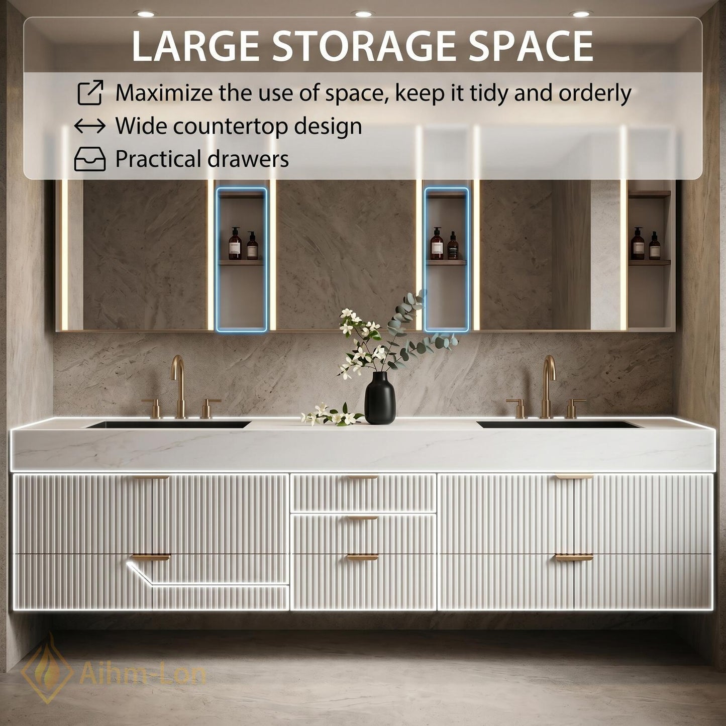 72''-96'' Double Bathroom Vanity with Sink White Modern Floating Panels Marble-Top