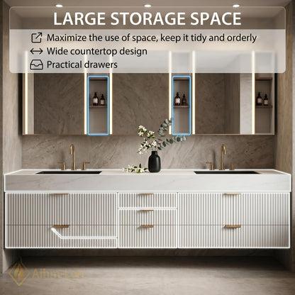 72''-96'' Double Bathroom Vanity with Sink White Modern Floating Panels Marble-Top