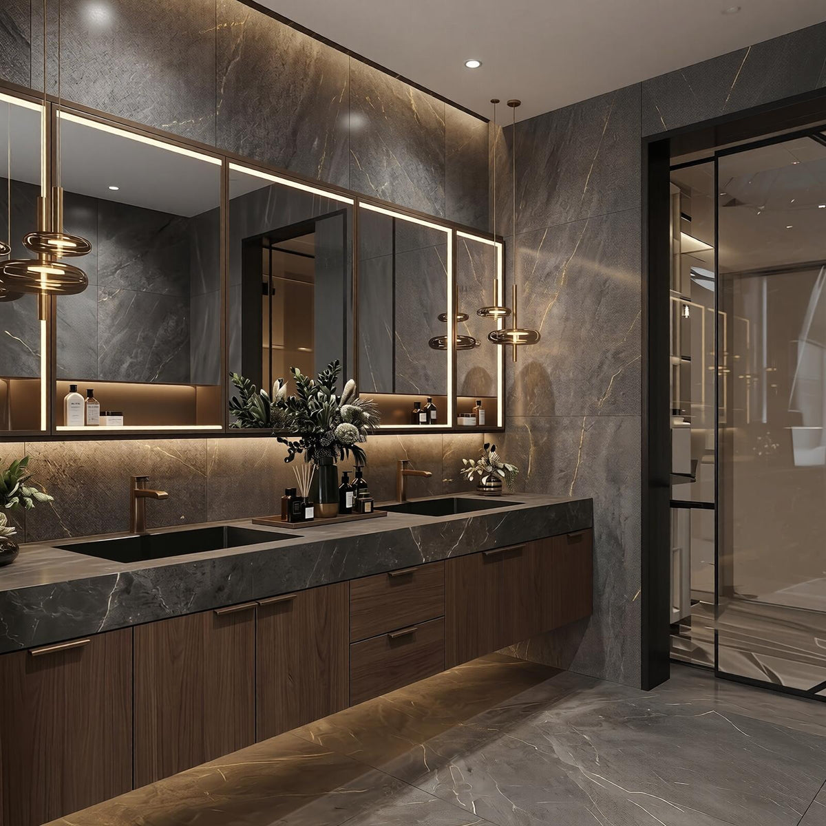 60''-96'' Double Bathroom Vanity with Sink Modern Floating Dark Walnut Slatted Center Panel