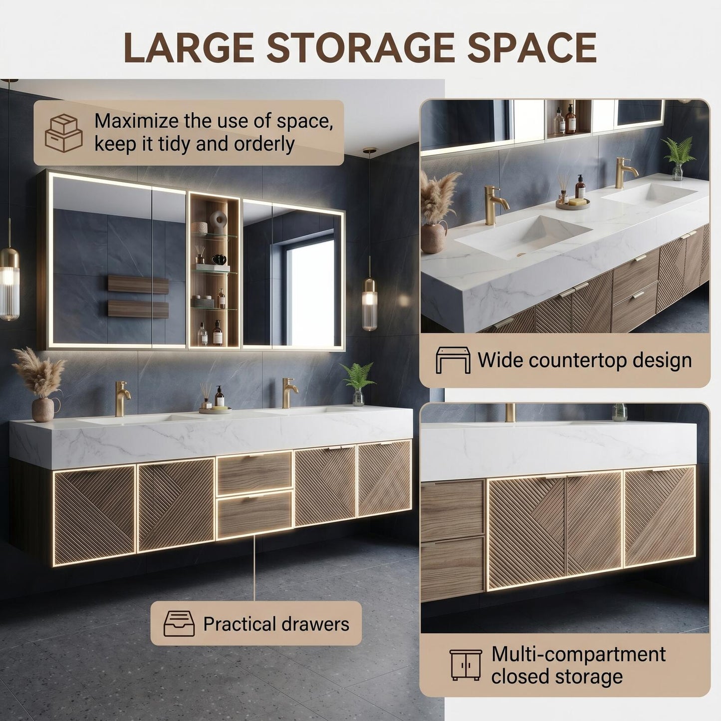 70''-96'' Modern Bathroom Vanity with Sink Floating Geometric Wood Panels Marble Countertop