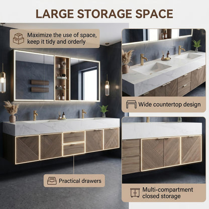 70''-96'' Modern Bathroom Vanity with Sink Floating Geometric Wood Panels Marble Countertop