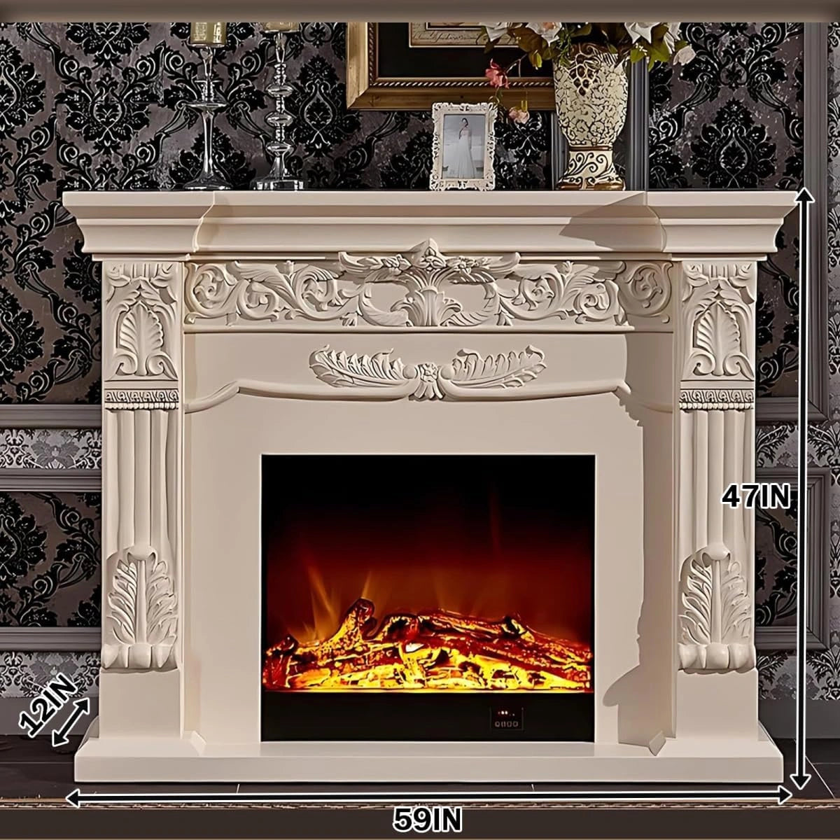 Aihm-Lon Exquisite Electric Fireplace with White Carved Details 59”-73”