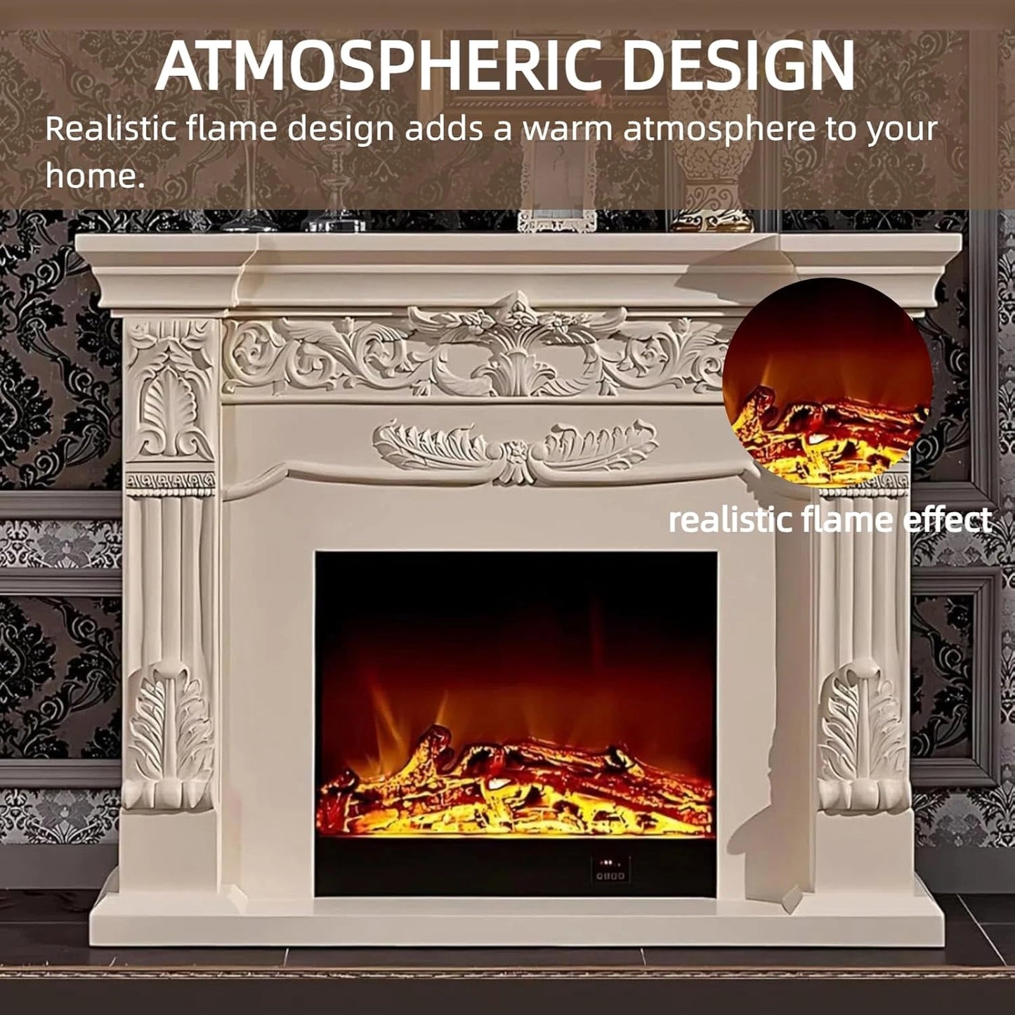 Aihm-Lon Exquisite Electric Fireplace with White Carved Details 59”-73”
