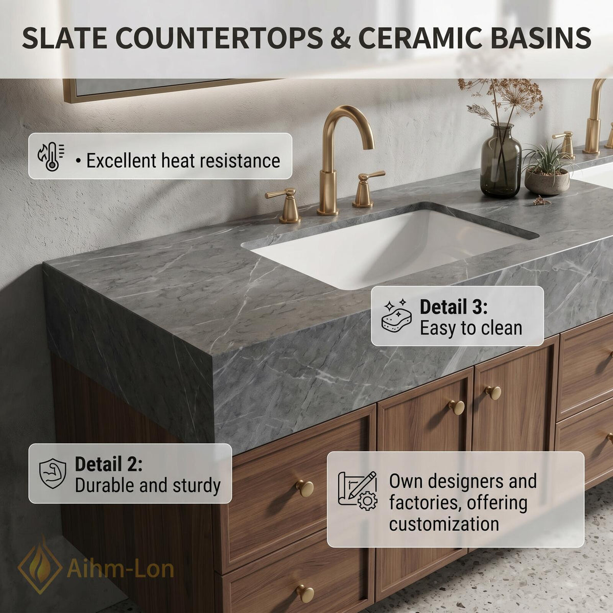 60''-96'' Double Bathroom Vanity with Sink Floating Warm Wood Finish Marble Top