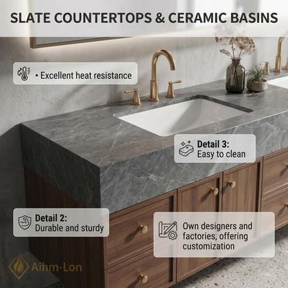 60''-96'' Double Bathroom Vanity with Sink Floating Warm Wood Finish Marble Top