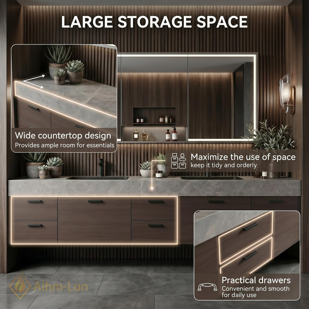 60''-96'' Double Bathroom Vanity with Sink Geometric Slatted Doors Dark Stone Countertop