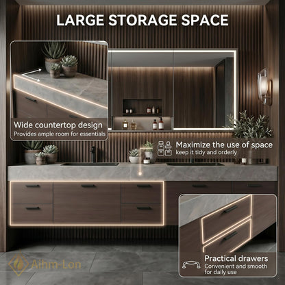 60''-96'' Double Bathroom Vanity with Sink Geometric Slatted Doors Dark Stone Countertop