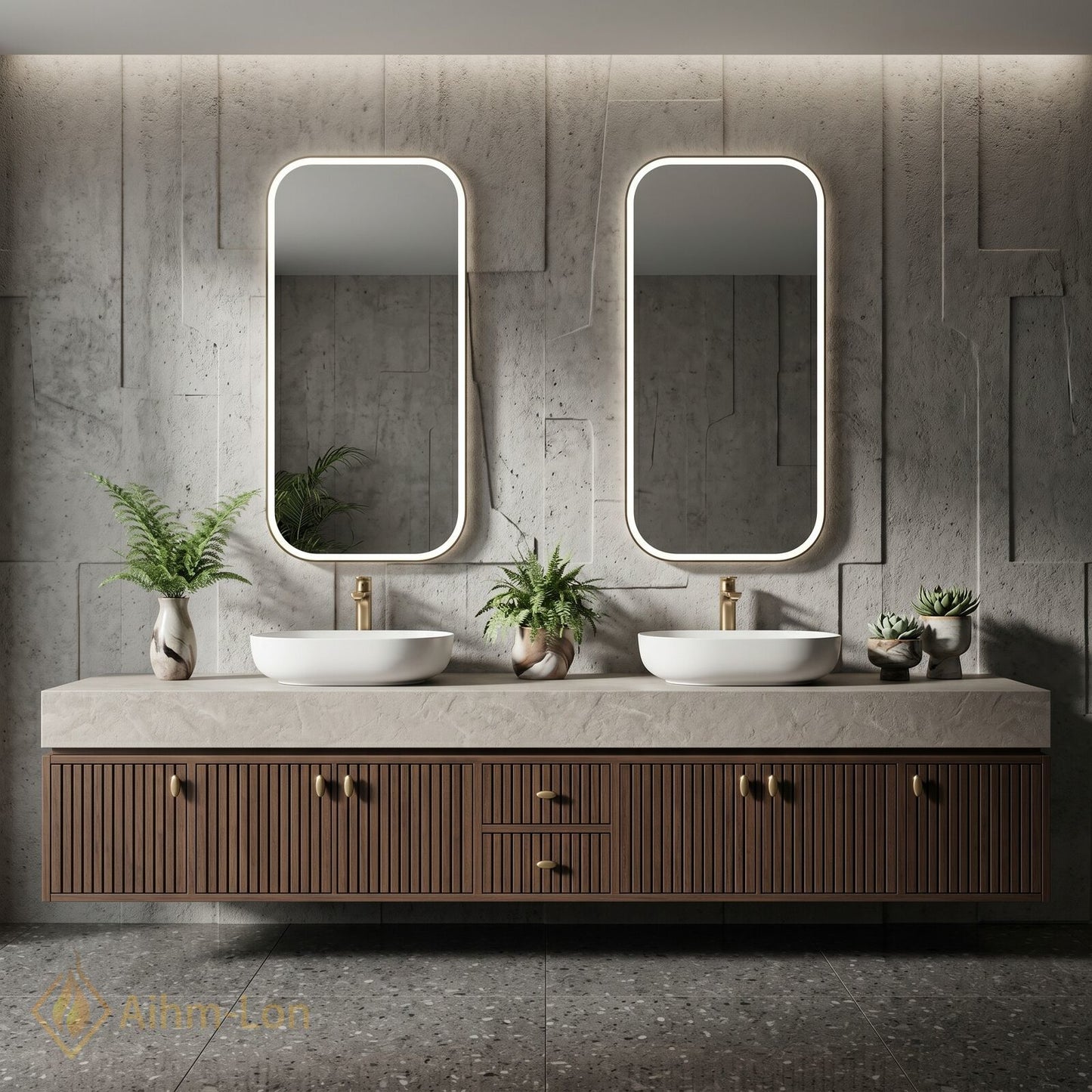 76''-96'' Double Bathroom Vanity with Sink Modern Slatted Wooden Doors Marble Top
