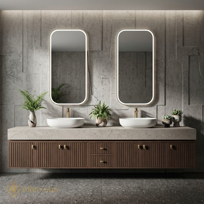 76''-96'' Double Bathroom Vanity with Sink Modern Slatted Wooden Doors Marble Top