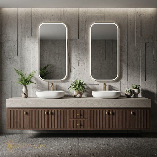 76''-96'' Double Bathroom Vanity with Sink Modern Slatted Wooden Doors Marble Top