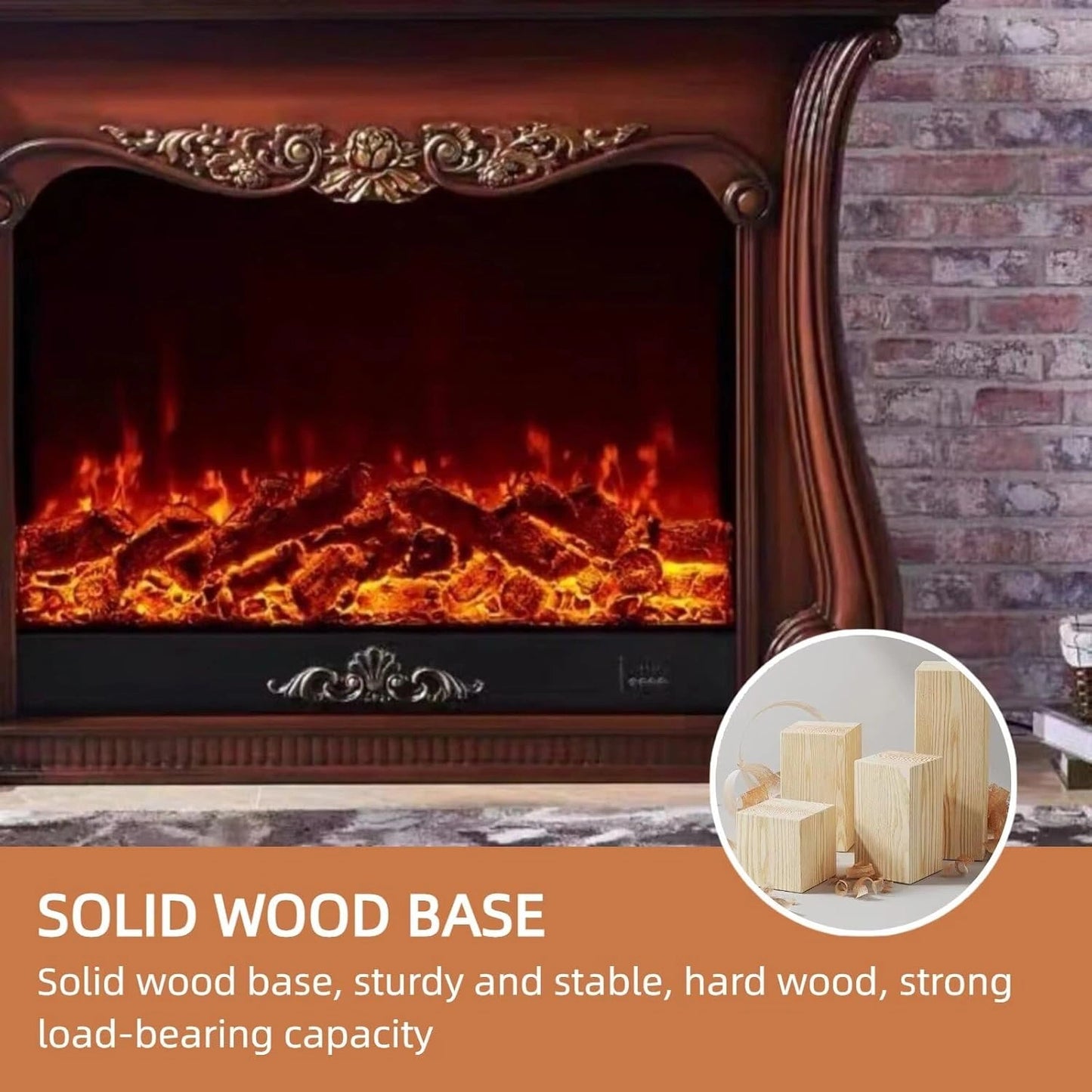 Aihm-Lon Brown Electric Fireplace with Wood Grain and Carved Decoration 59”