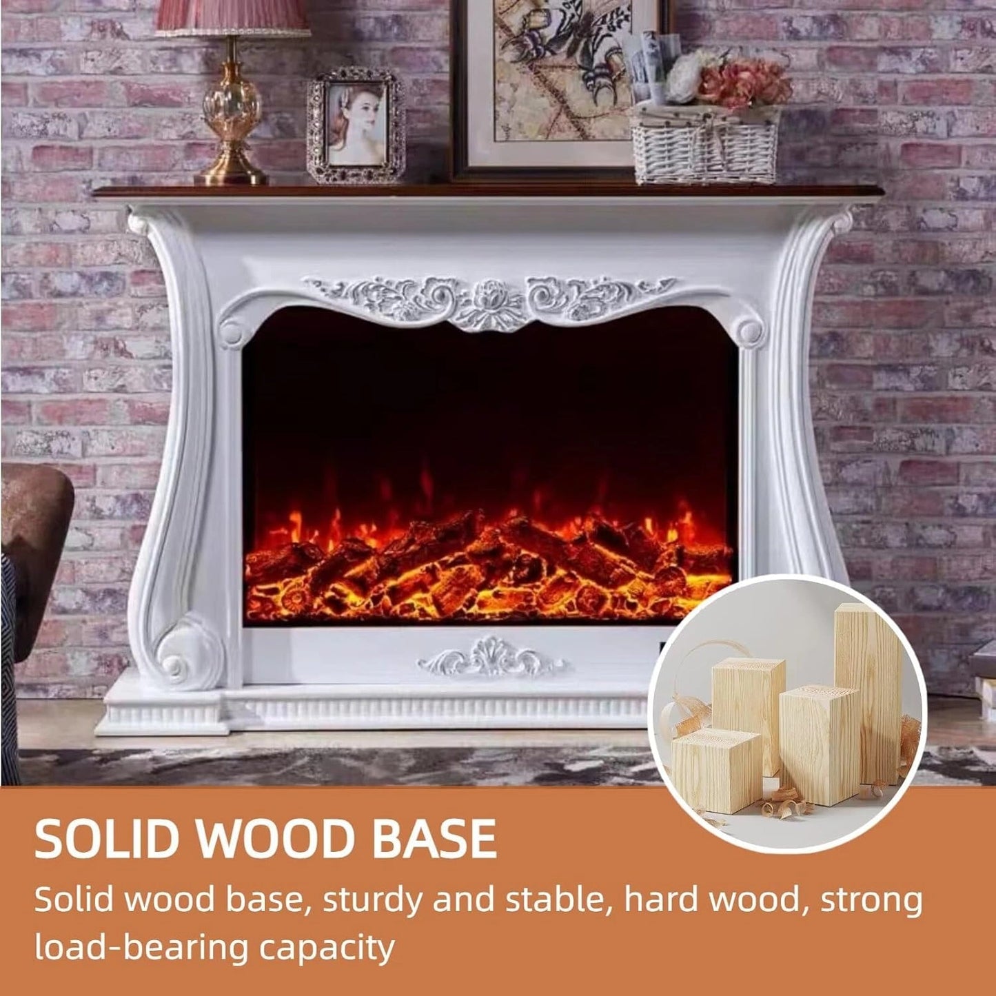 Aihm-Lon Brown Electric Fireplace with Wood Grain and Carved Decoration 59”