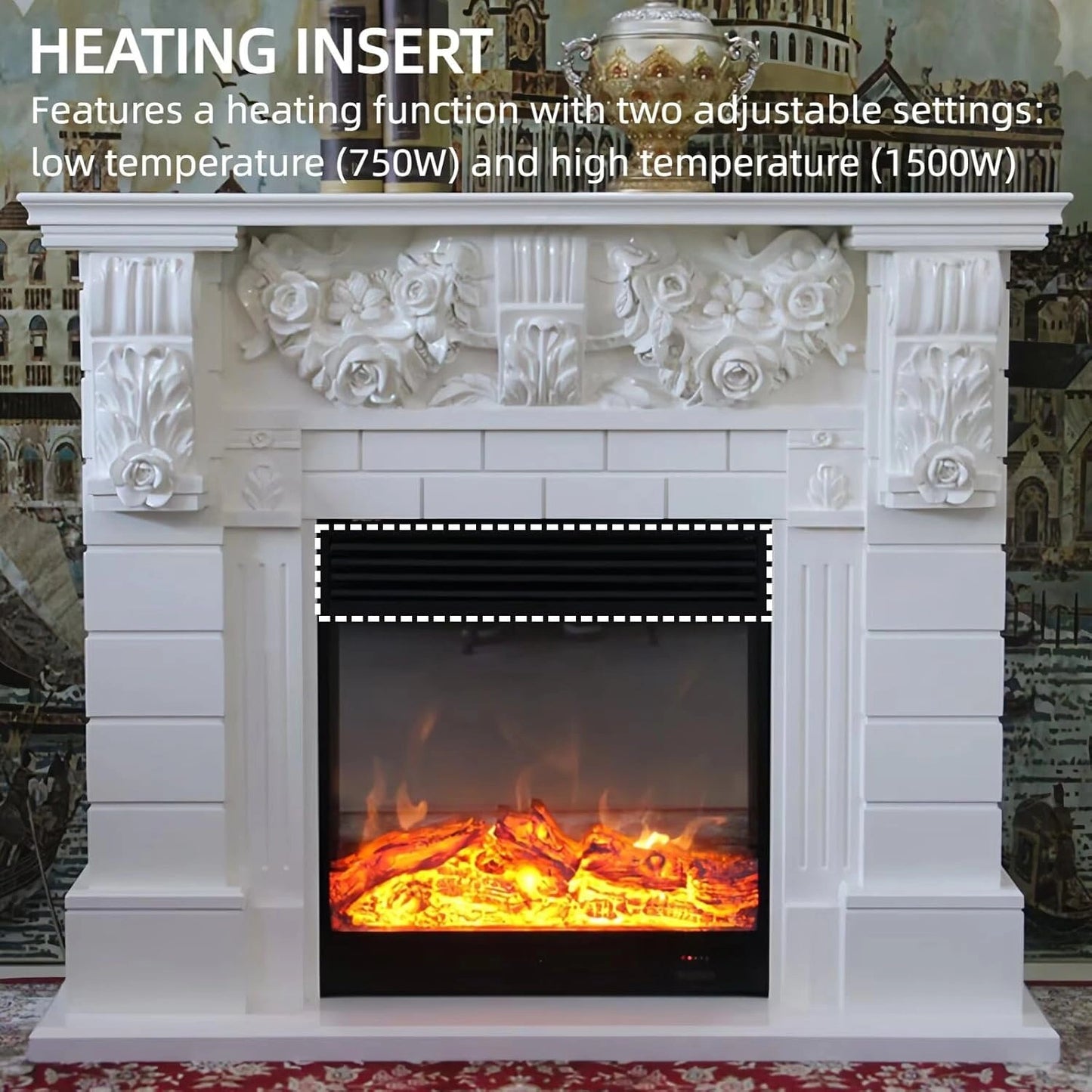 Aihm-Lon White Electric Fireplace Includes Vintage Rose Carving 51”