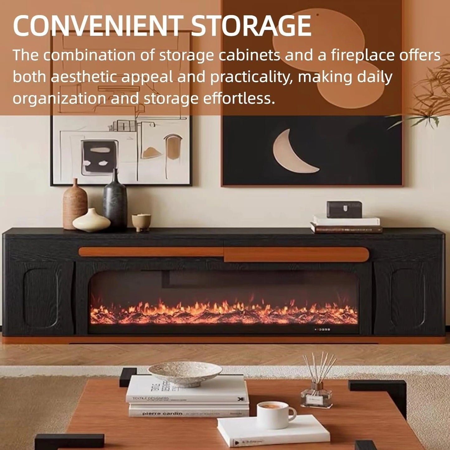 Aihm-Lon Retro Electric Fireplace in Black and Brown Color with Drawers 71”-87”