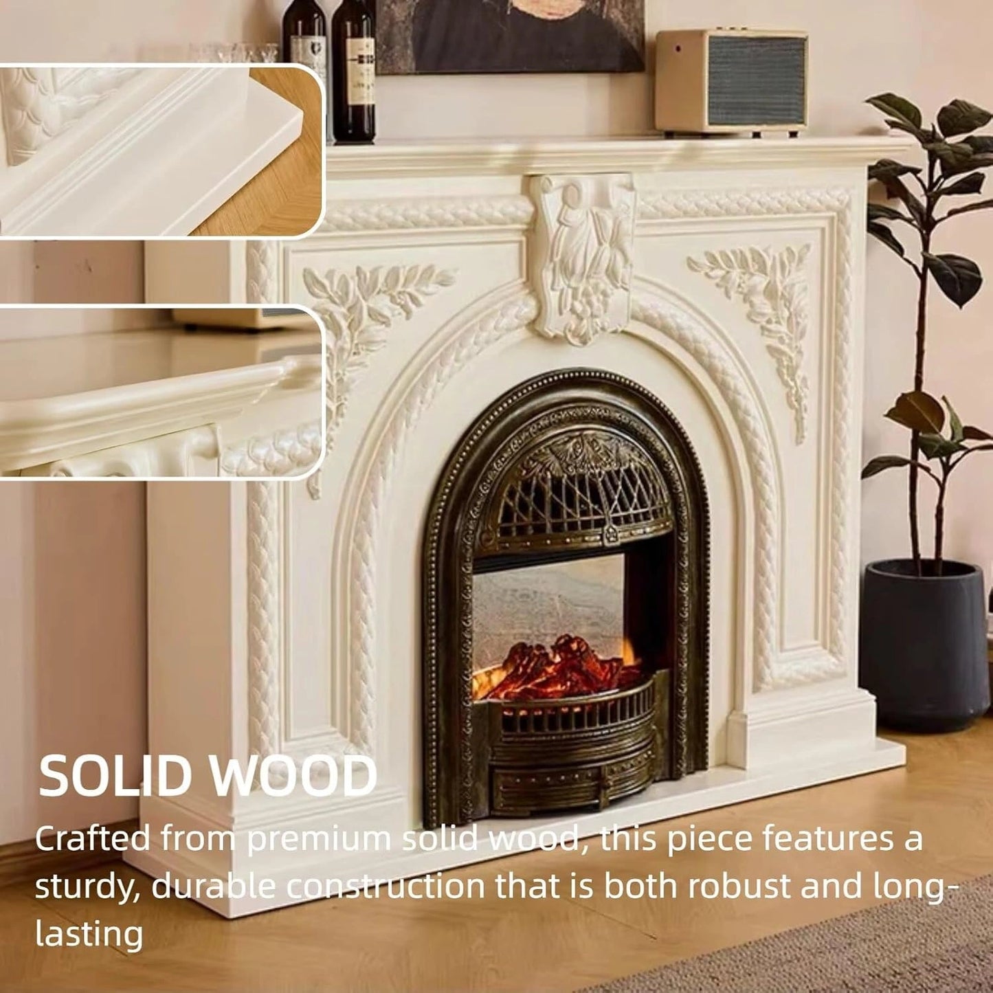 Aihm-Lon White Electric Fireplace Solid Wood Cabinet with Real Flame Insert 47”-59”