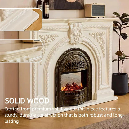 Aihm-Lon White Electric Fireplace Solid Wood Cabinet with Real Flame Insert 47”-59”