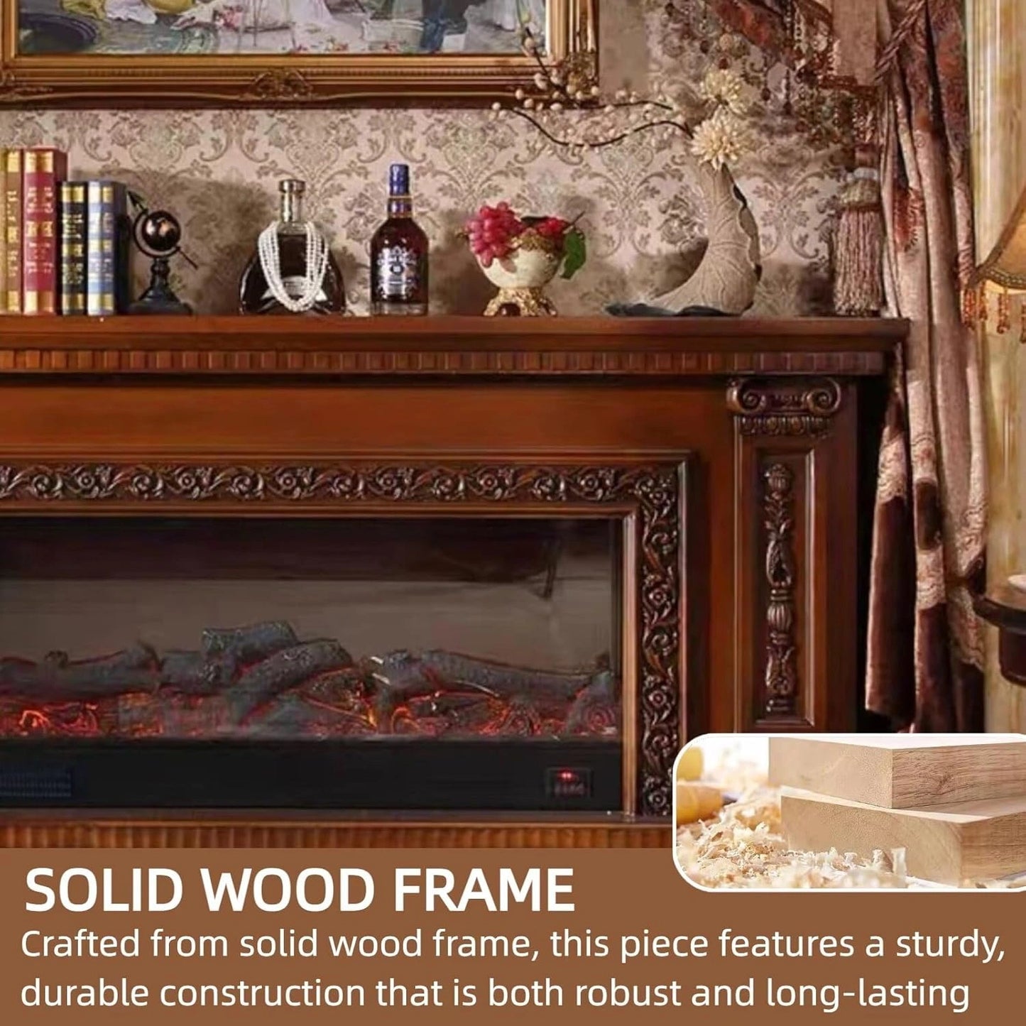 Aihm-Lon Vintage Electric Fireplace with Brown Floral Relief 79”