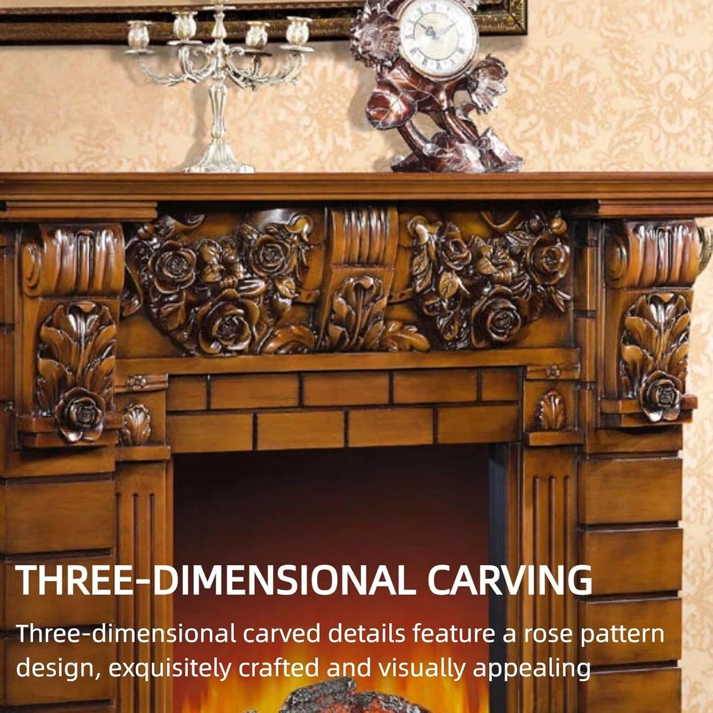 Aihm-Lon Brown Electric Fireplace Includes Vintage Rose Carving 51”