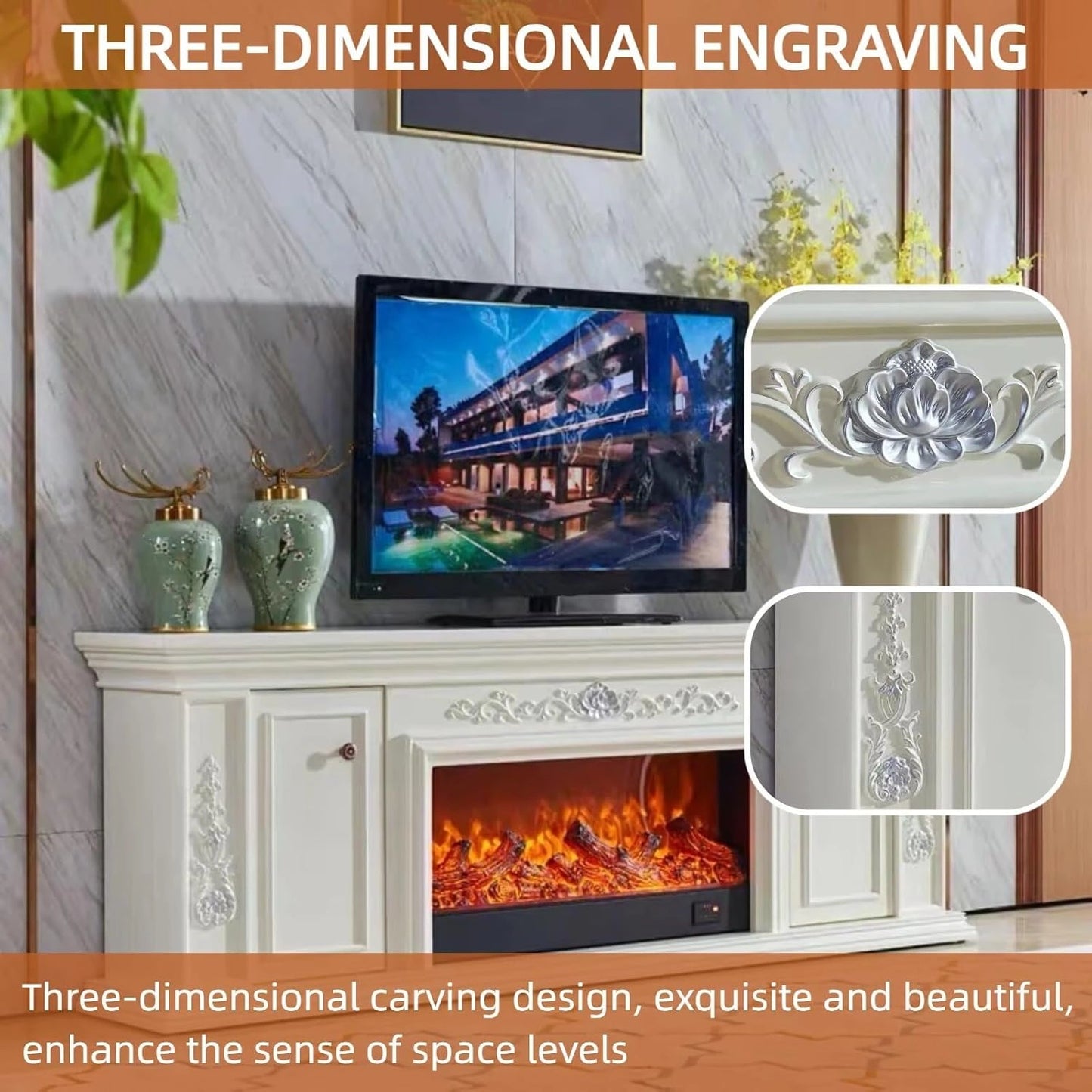 Aihm-Lon Freestanding Electric Fireplace with Classic Carving Faux Flame 79”