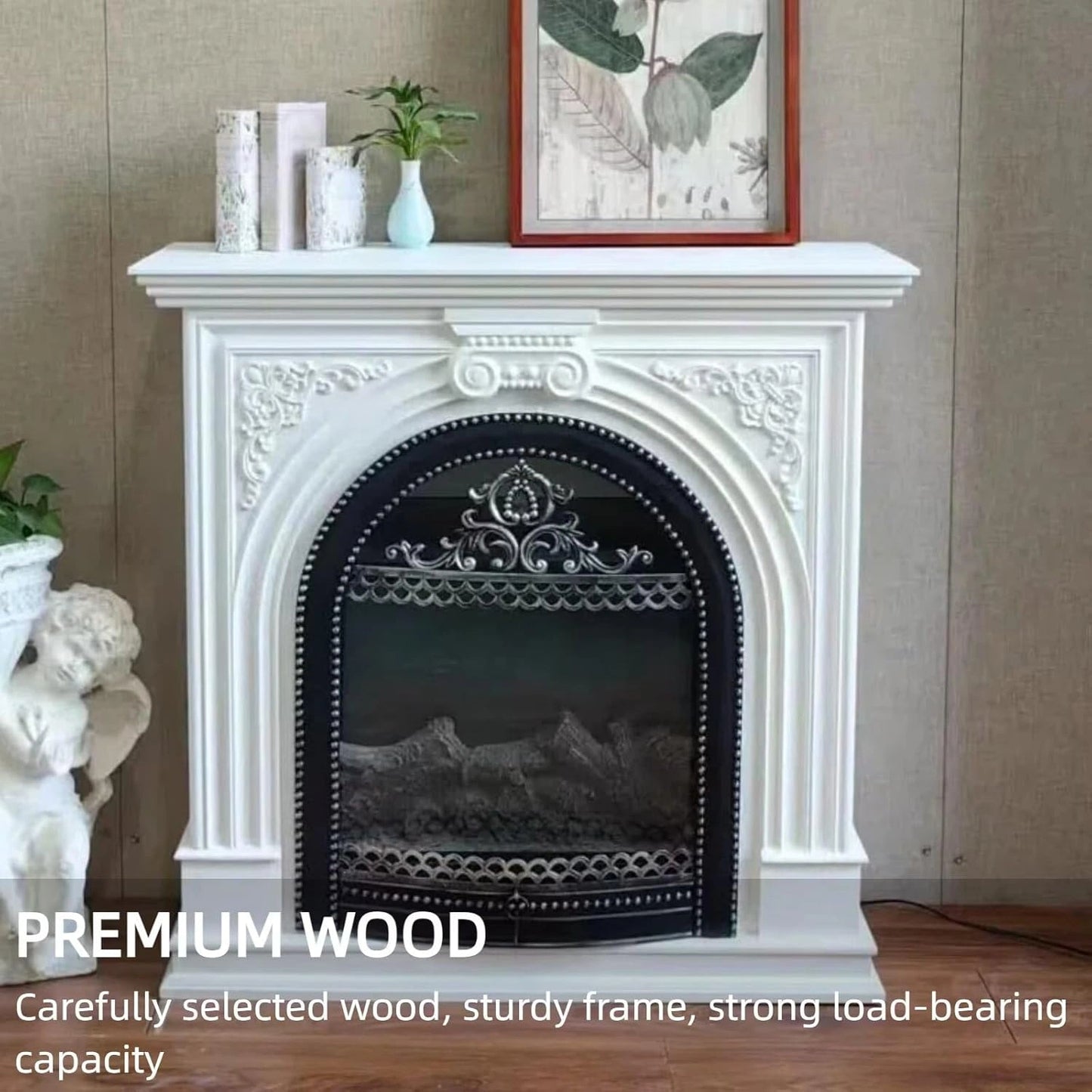 Aihm-Lon White Electric Fireplace with Vintage Hollow Birdcage 39”