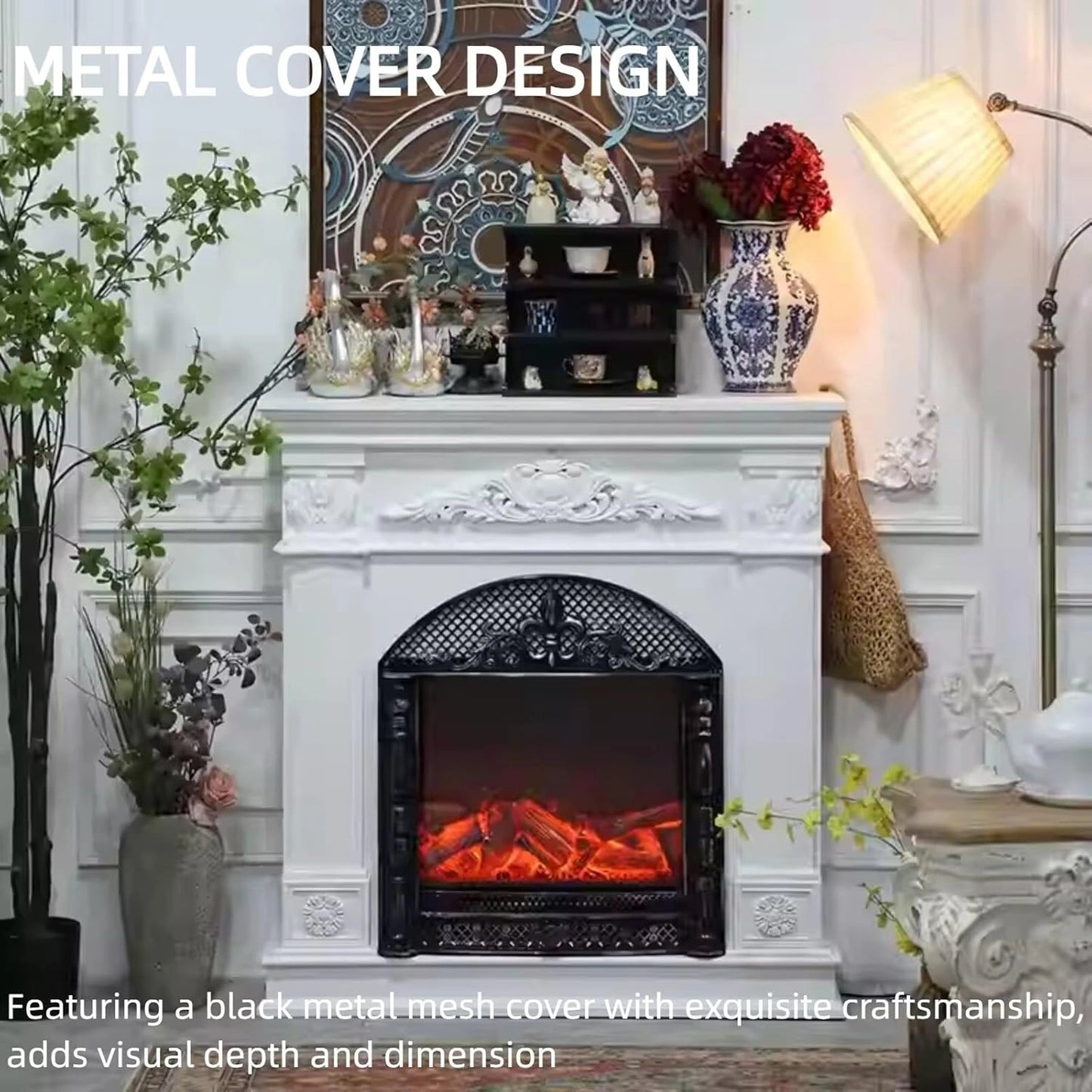 Aihm-Lon Electric Fireplace with Realistic Flame Effect & White Carving 39”