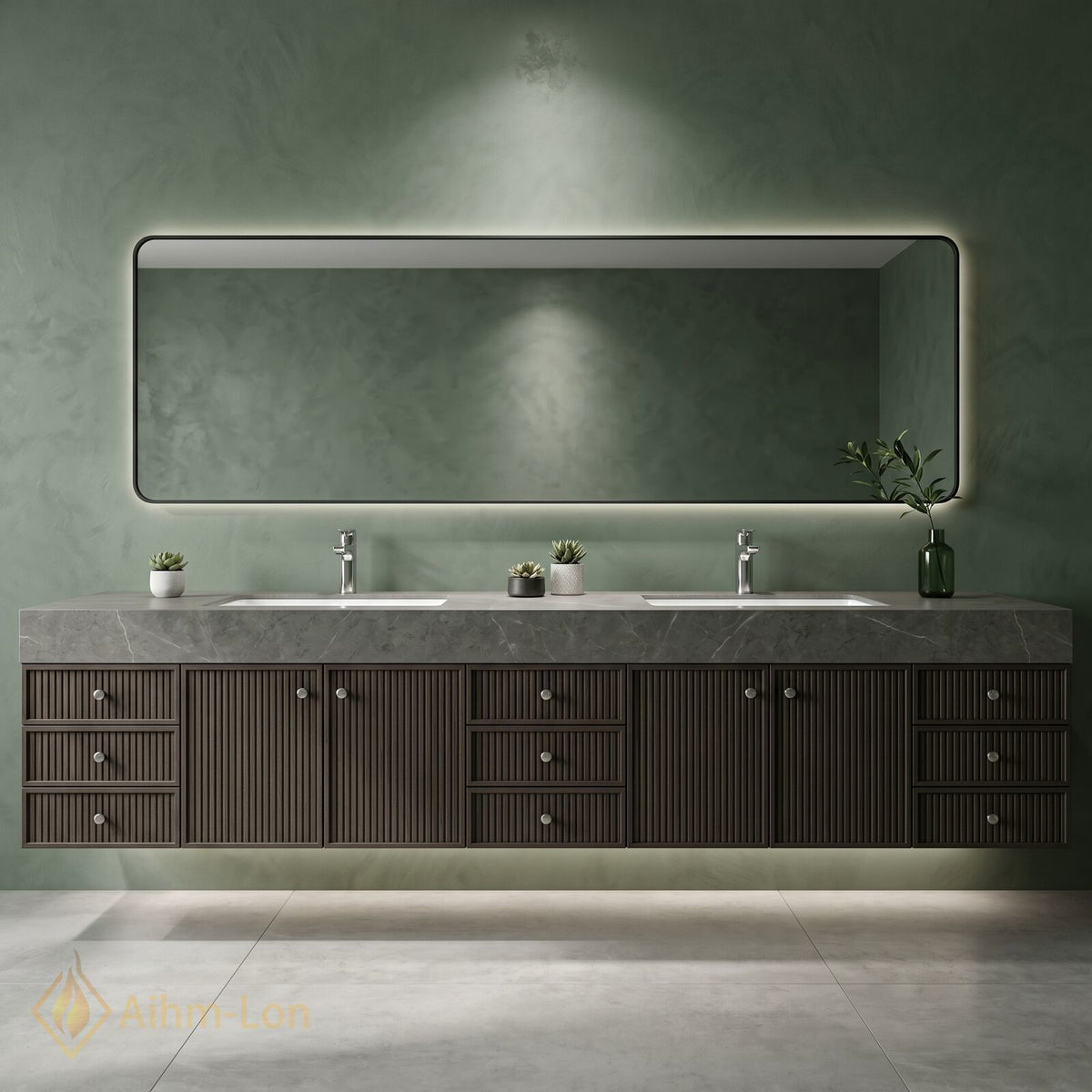 80''-96'' Double Bathroom Vanity with Sink Grey Stone Finish Slatted Wall Mounted