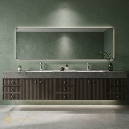 80''-96'' Double Bathroom Vanity with Sink Grey Stone Finish Slatted Wall Mounted